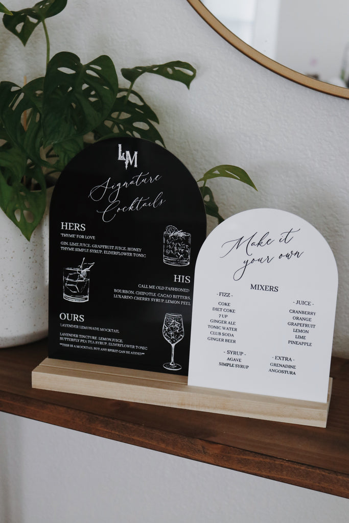 Custom acrylic bar menu sign for weddings and events