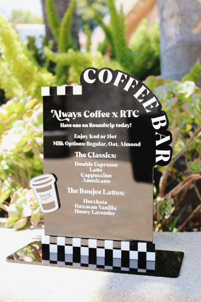 Custom acrylic bar menu sign for weddings and events